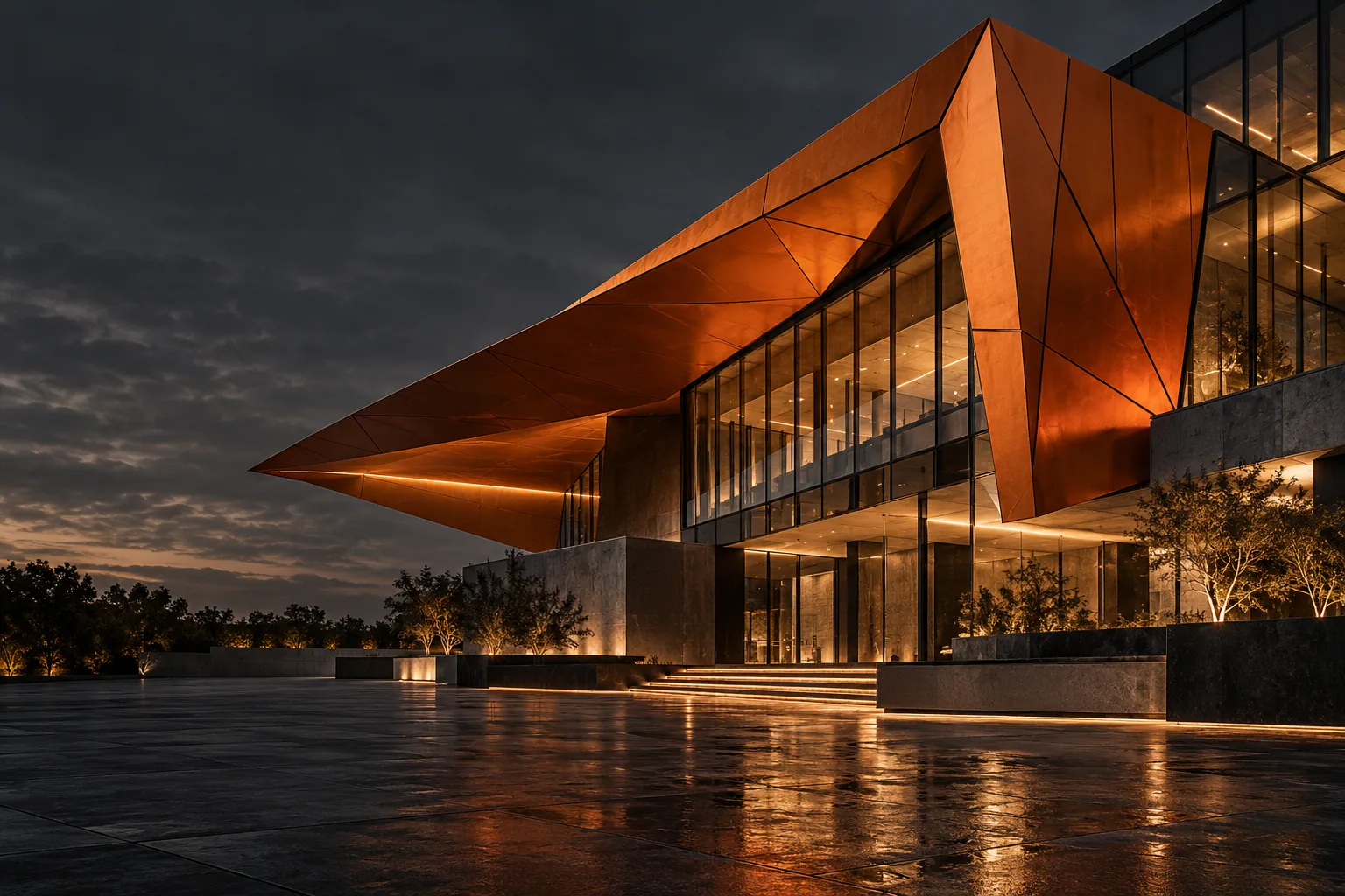 Original architectural concept with an angular orange and copper facade, faceted glass and a dark forecourt at dusk.