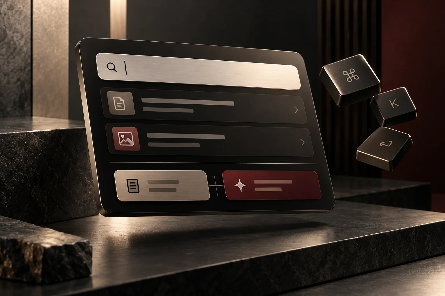 Concept illustration of a desktop search palette with result rows and separate model-selection controls.